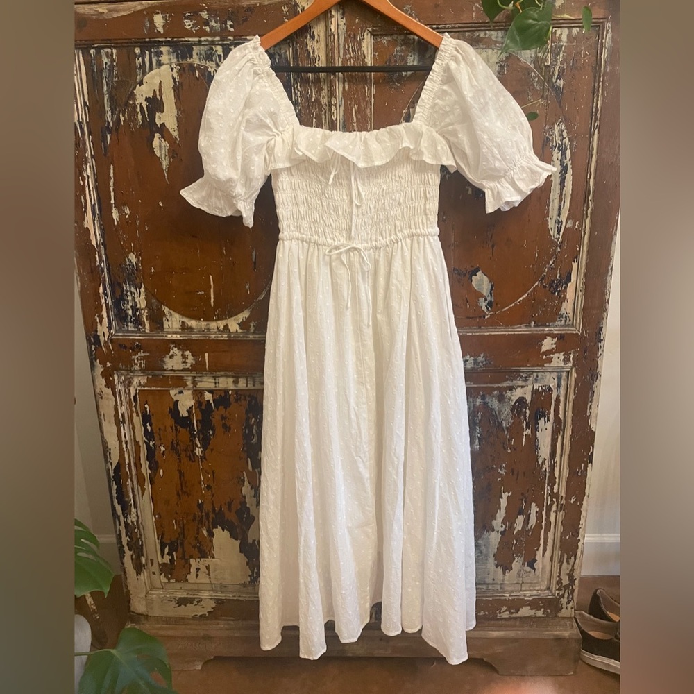 White Off-Shoulder Puff-Sleeve Midi Dress - Swiss Dots, Smocked Bodice women’s M